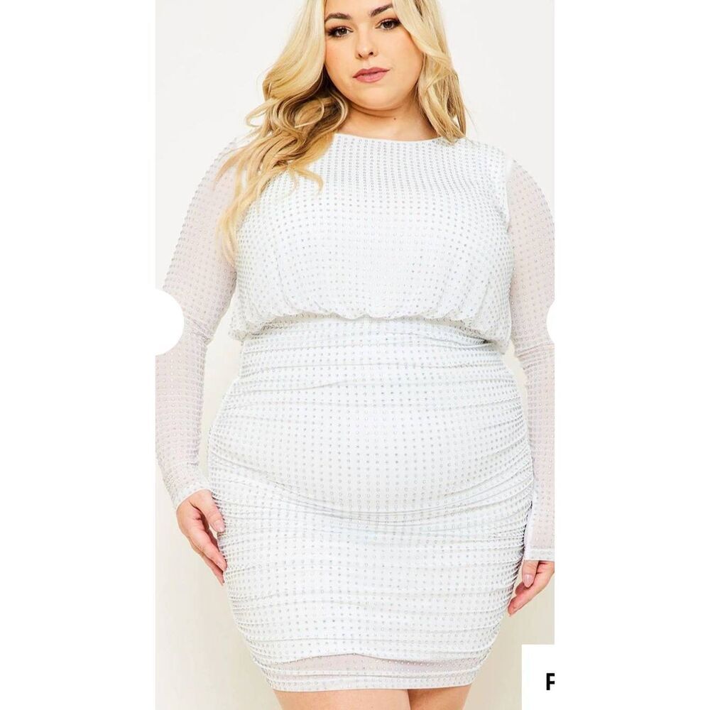 SYMPHONY IVORY MESH ALL OVER RHINESTONE MINI DRESS, LONG SLEEVE, NWT, 2XL